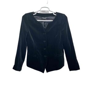 Laura Ashley NWOT Vintage Black‎ Velvet Fitted Button Up Collarless Jacket Sz 12